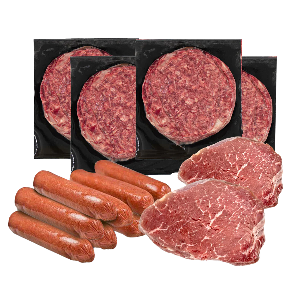 Photo of Beef Skinless Hot Dogs, Ground Beef Patties, and Sirloin Steaks from the Hassell Cattle Company